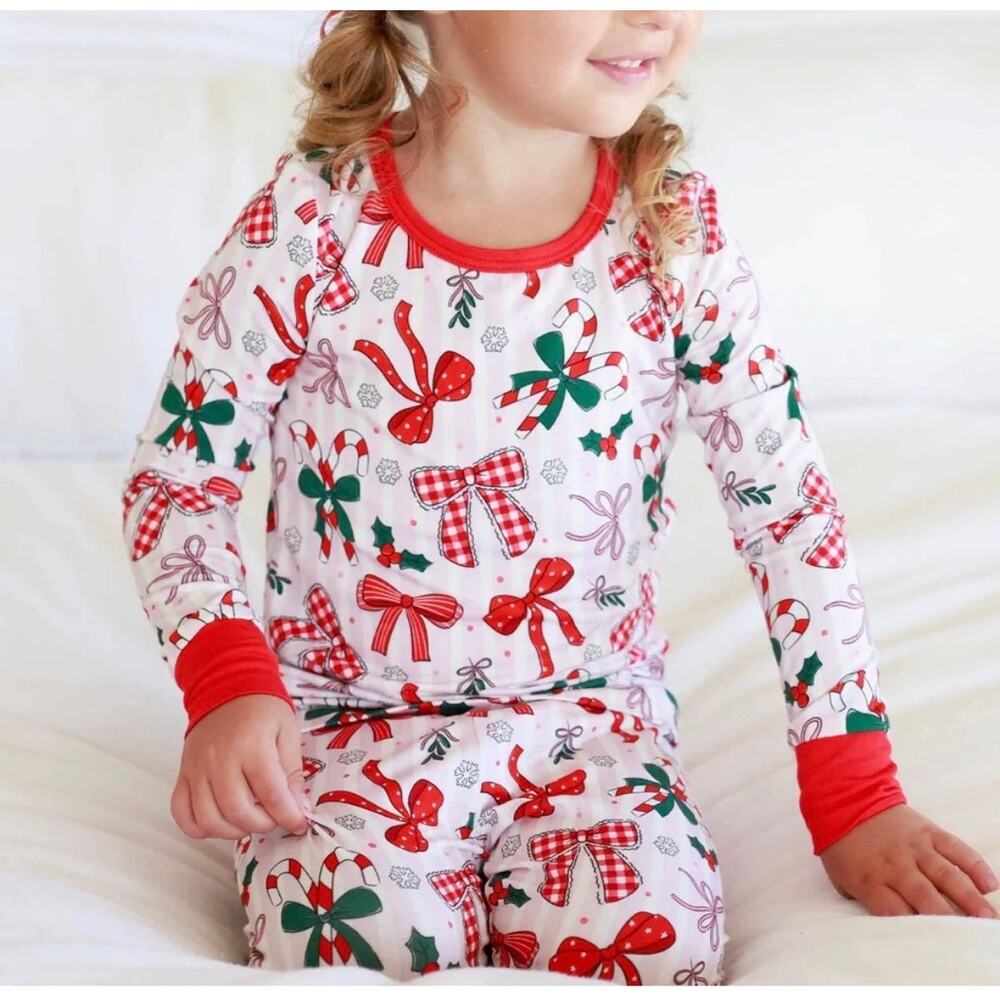 Caden Lane Bamboo Pajamas Christmas Bow What Fun size 4